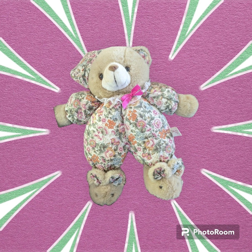 13" Ben Rickert Inc Floral Teddy Bear Bunny Slippers Hat Plush Stuffed Animal